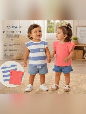 Cat & Jack + Garanimals Top Bundle 12–18M NWT Coral Flutter & Blue Stripe